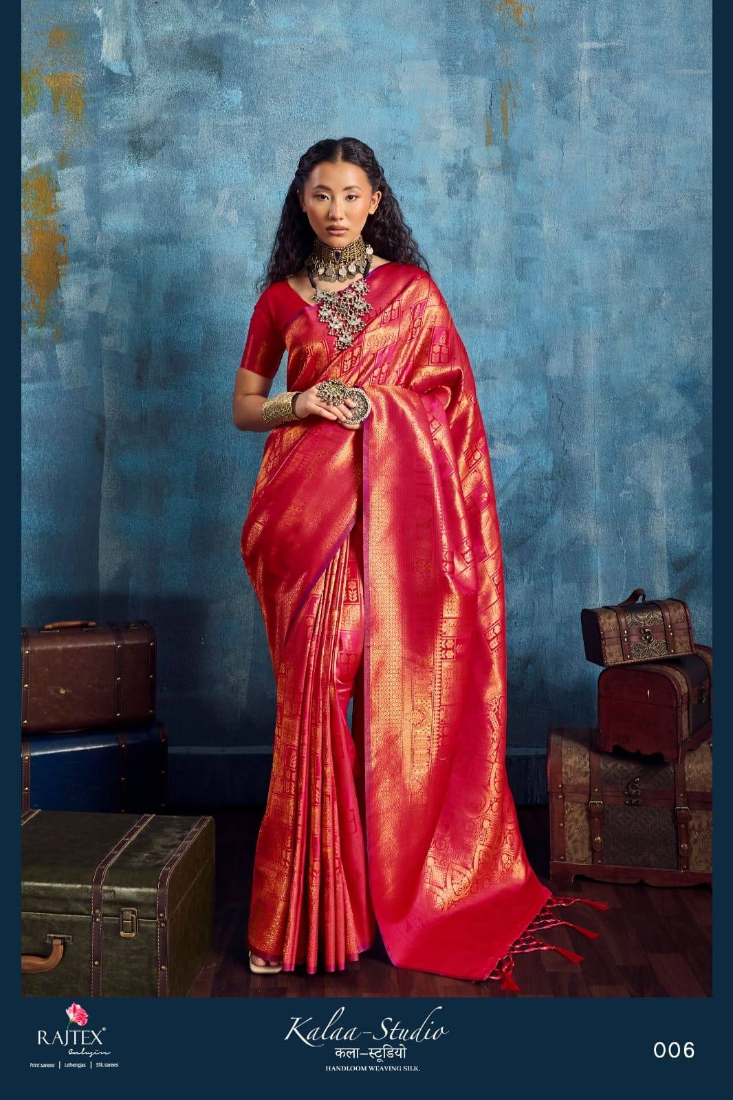 Kalaa Studio By Raj Tex 001 to 006 Series Indian Traditional Wear Collection Beautiful Stylish Fancy Colorful Party Wear & Occasional Wear Satin Crepe Sarees At Wholesale Price